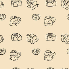 Festive background featuring cheerful baked treats and warm drinks in a playful pattern design