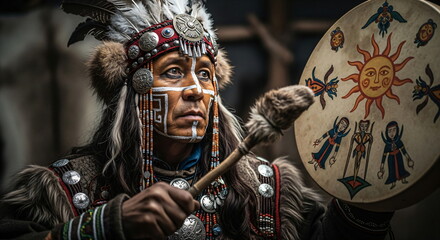 Fototapeta premium Man ethnic shaman in traditional costume with painted face holding a ceremonial tambourine, performing an ancient spiritual ritual for cultural event.