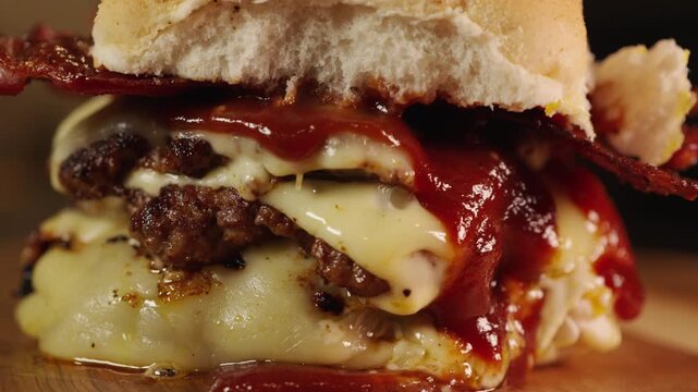 Double deck burger with crispy bacon, melted cheese, and homemade sauces. Juicy, indulgent, and perfectly stacked. Ideal for gourmet fast food promotions and menus.