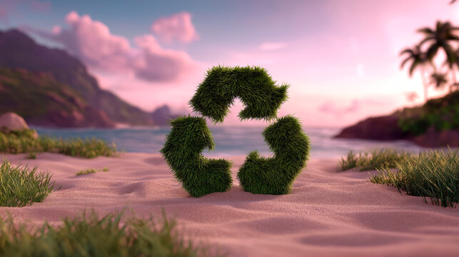 Grass-covered recycle symbol standing on sandy tropical beach with ocean and palm trees at sunset - Powered by Adobe