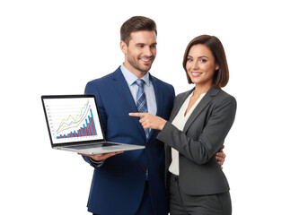 Confident business professionals a man and woman in suits analyze financial data on a laptop screen with a black background