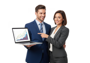 Confident business professionals a man and woman in suits analyze financial data on a laptop screen with a black background