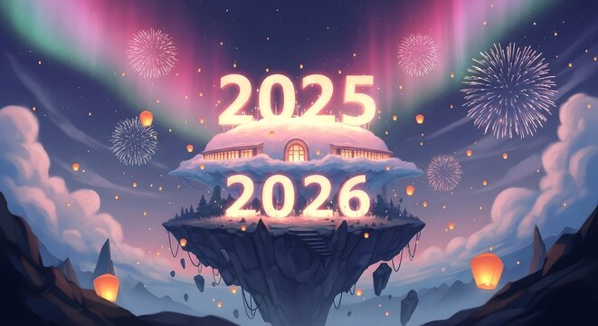 Magical floating island celebrates the transition from 2025 to 2026 with fireworks - Powered by Adobe