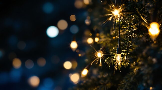 Warm White Christmas Fairy Lights Glowing in Darkness - Powered by Adobe