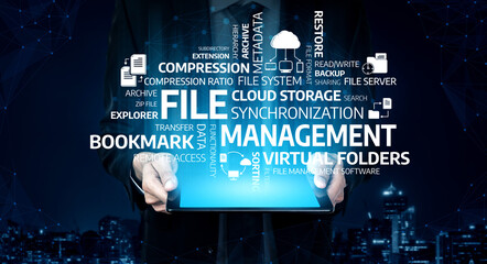 A digital representation of file management concepts displayed on a tablet, highlighting cloud storage, data synchronization, and virtual folders in a professional setting. Tessel