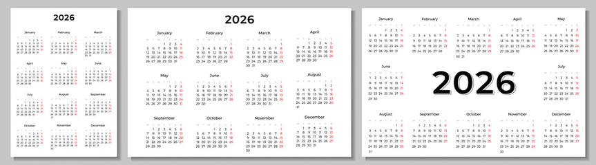 Set of 2026 annual calendar design templates. Week Starts on MONDAY. Clean and minimalistic design, includes clear typography and organized layout. Ideal for business, printing, or personal use. EPS