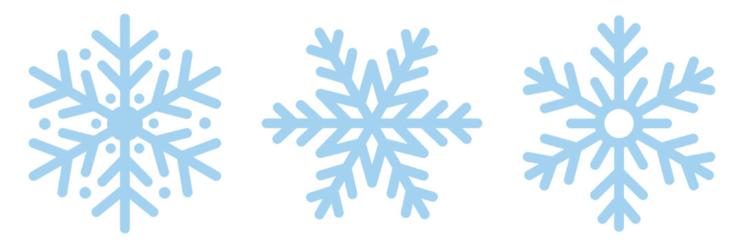 Set of cute symmetric blue snowflakes isolated on a transparent background. Cartoon decorative elements. Editable stroke. Ideal for Christmas, New Year, and winter designs. PNG and vector illustration