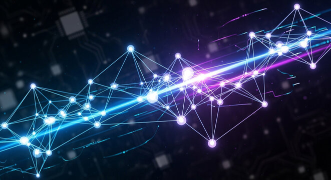 Dynamic digital network connection with glowing nodes and lines representing data flow, perfect for tech, AI, and futuristic concepts