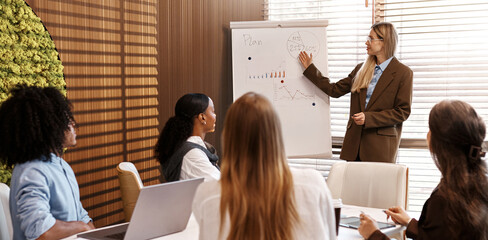 Diverse team listening to business presentation in modern office