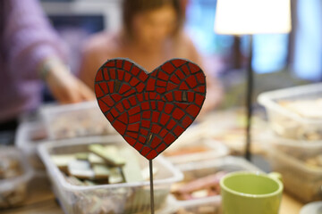 Red heart shaped mosaic. Close up. 
