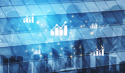 Visualization of global economic growth and stock market data. Financial chart analysis shows international business performance and investment opportunities in the world market. Fermion