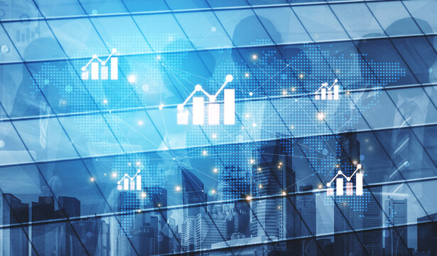 Visualization of global economic growth and stock market data. Financial chart analysis shows international business performance and investment opportunities in the world market. Fermion - Powered by Adobe
