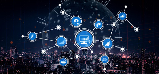 A captivating digital network visualization showcasing technology and data analytics, set against a...