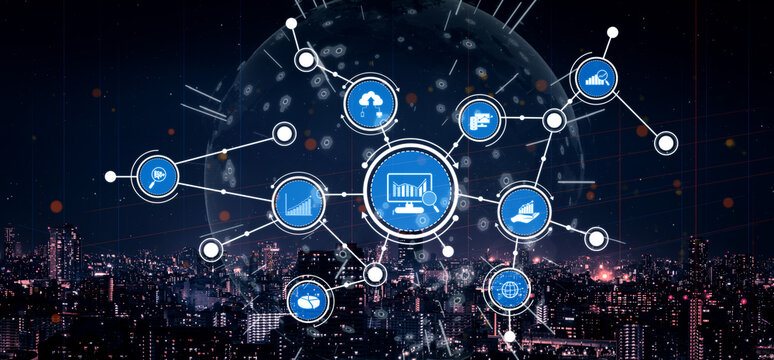 A captivating digital network visualization showcasing technology and data analytics, set against a modern urban skyline at night, emphasizing innovation and connectivity. Tessel
