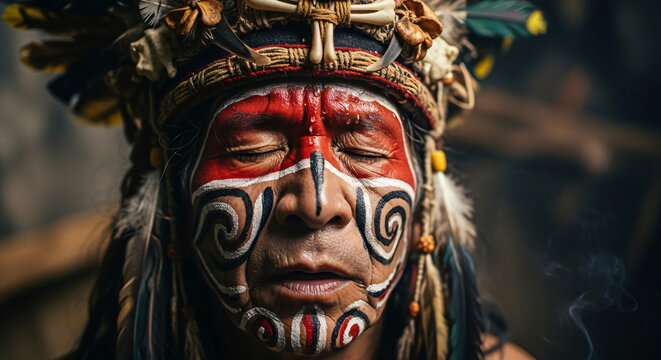 Native american old man with closed eyes wearing traditional headdress against fire background as spiritual wisdom concept