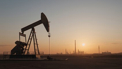 Industrial scene showing a classic extraction structure on flat terrain, with a refinery complex and tall chimney emitting smoke under clear sky, captured in sharp, clean, photorealistic composition
