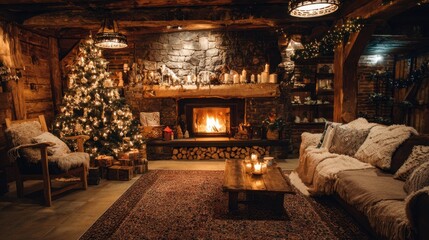 A cozy living room with a fireplace and a Christmas tree. The room is decorated with Christmas lights and has a warm, inviting atmosphere