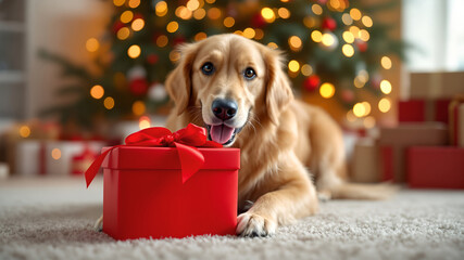 Golden Retriever dog lying with a red gift box near a Christmas tree