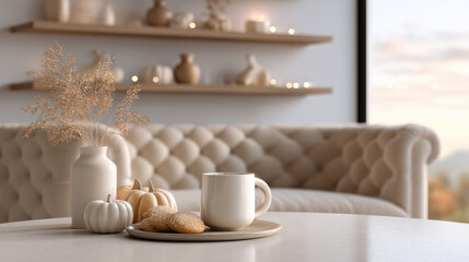 Cozy autumn cafe corner with white sofa, cup, cookies, mini pumpkins, dried flowers, and warm soft lighting on shelves