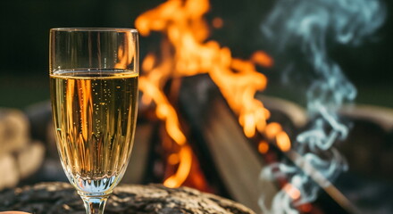 Glass of sparkling wine with bubbles next to burning bonfire outdoors. Festive drink with warm glow at night for celebration