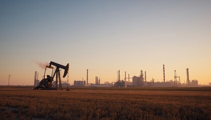 Industrial landscape featuring a classic extraction structure on flat land, with a distant refinery and tall chimney emitting smoke, warm sunlight highlighting textures and clean minimalistic composit