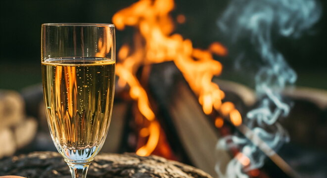 Glass of sparkling wine with bubbles next to burning bonfire outdoors. Festive drink with warm glow at night for celebration