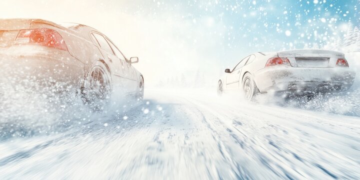 Winter dangerous overtaking on the snowy road in snowfall. Concept of attentive driving in wintertime.