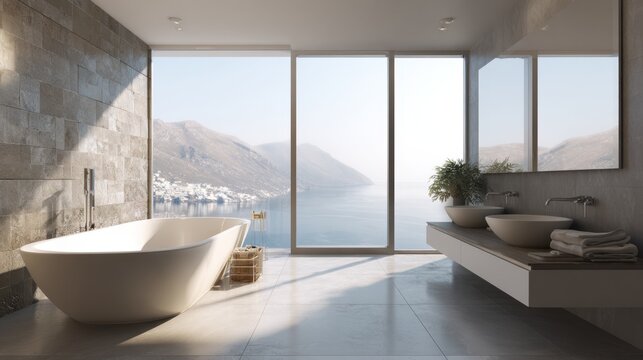 A large bathtub is in a bathroom with a view of the ocean. The bathroom is modern and clean, with a large window that lets in natural light. The bathroom is designed to be relaxing and inviting