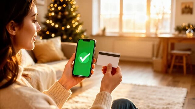 Woman completes online purchase on phone with credit card with Christmas tree in background, showing green checkmark on screen, soft light. Christmas sale with checkout process,