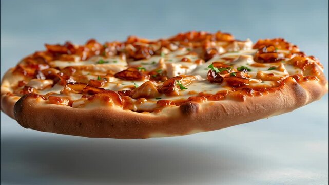Floating pizza topped with caramelized onions, grilled chicken, melted mozzarella, and parsley on blue light a background video 4k