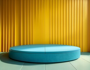 bright yellow wall and aqua blue circular display platform for product presentation