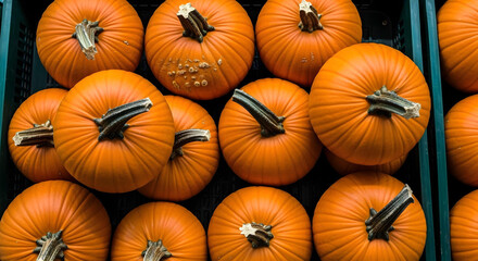 Top-down close-up of fresh orange pumpkins in a market basket