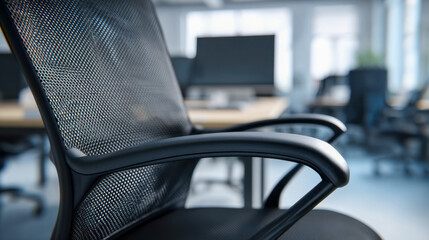 Modern black mesh office chair armrest with blurred desks and computer screens in the background of a bright corporate workspace interior