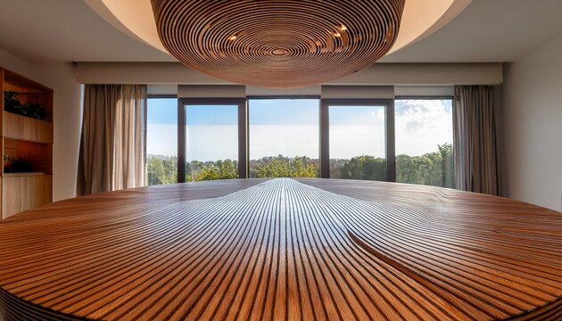 modern wooden swirl table in minimalist interior design with a circular ceiling feature