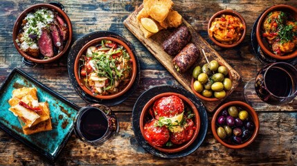Various traditional tapas dishes are beautifully arranged on a rustic wooden table. The vibrant colors of the food complement the cozy atmosphere during a social gathering.