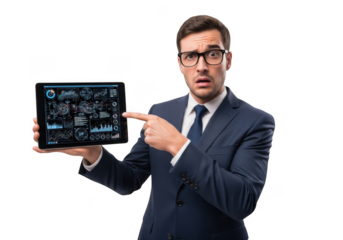 Businessman points at futuristic digital display isolated on transparent background