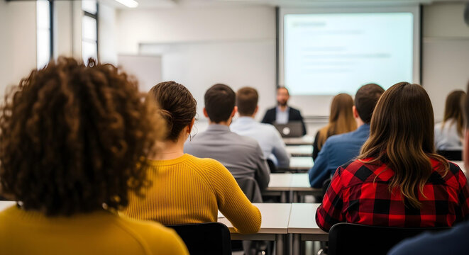 Audience-view classroom scene with students listening to a blurred presenter