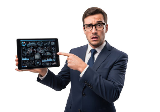 Businessman points at futuristic digital display isolated on transparent background - Powered by Adobe