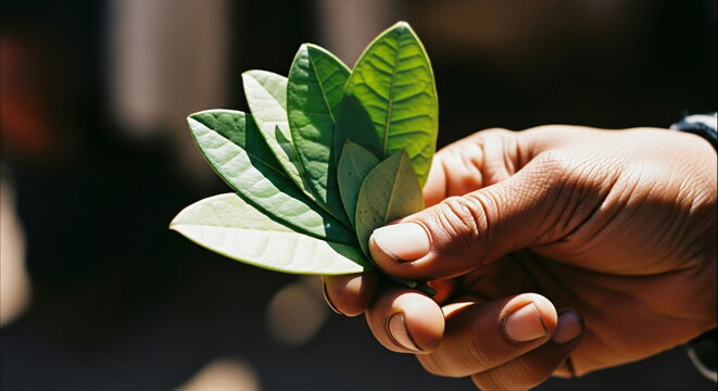 A person hand holds fresh green coca leaves, demonstrating nature's harvest or the preparation of a herbal medicine for health