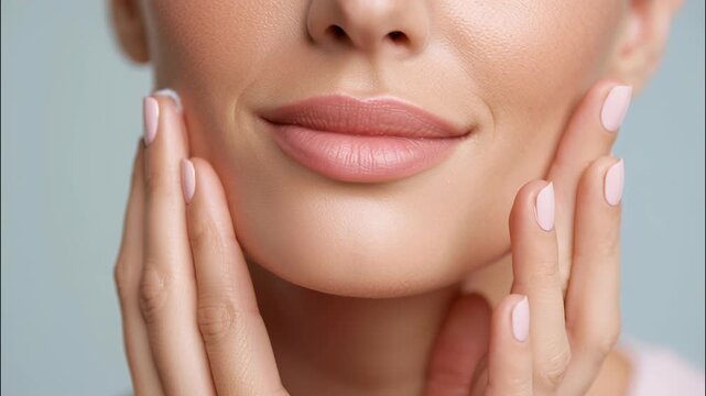 Woman gently applying moisturizer, smoothing cream across facial skin, emphasizing skincare routine and healthy glowing complexion video 4k