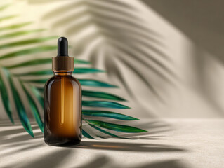 Naklejka premium Amber dropper bottle with brown cap displayed against a neutral background with tropical palm leaf shadows creating a natural and minimalist aesthetic in skincare br