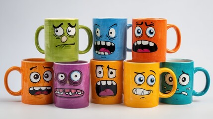 A row of colorful coffee mugs with faces on them. The faces are sad and angry. The mugs are arranged in a pyramid shape