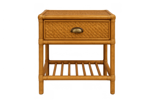 Rattan nightstand with drawer and shelf, providing storage and organic style for bedroom or living room decor