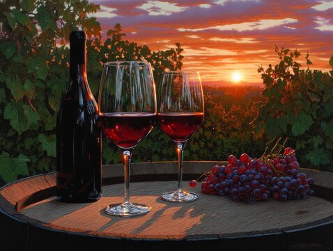 Red wine bottle and two glasses standing on a wooden barrel with grapes at sunset