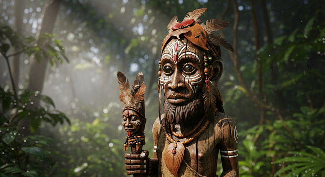 Detailed african wooden tribal mask or idol carving, rich in cultural art and traditional craftsmanship, standing in a lush, green jungle environment.