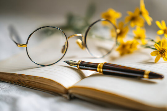Vintage eyeglasses and luxury fountain pen resting on open blank notebook with bright yellow flowers in soft natural light background for writing inspiration