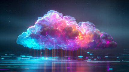 Glowing vibrant cloud floating above digital grid with neon light reflections, symbolizing futuristic technology and data connectivity in a dark space environment