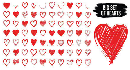 Collection of hand drawn red hearts and a large scribbled heart