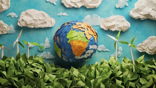 Vibrant origami Earth with windmills and puffy clouds evokes a playful take on renewable energy and environmental protection for a greener future - Powered by Adobe
