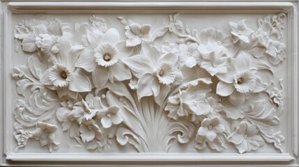 This artwork features an intricate floral relief sculpture with a variety of detailed white flowers. The design highlights the beauty of nature appearing elegant and timeless.